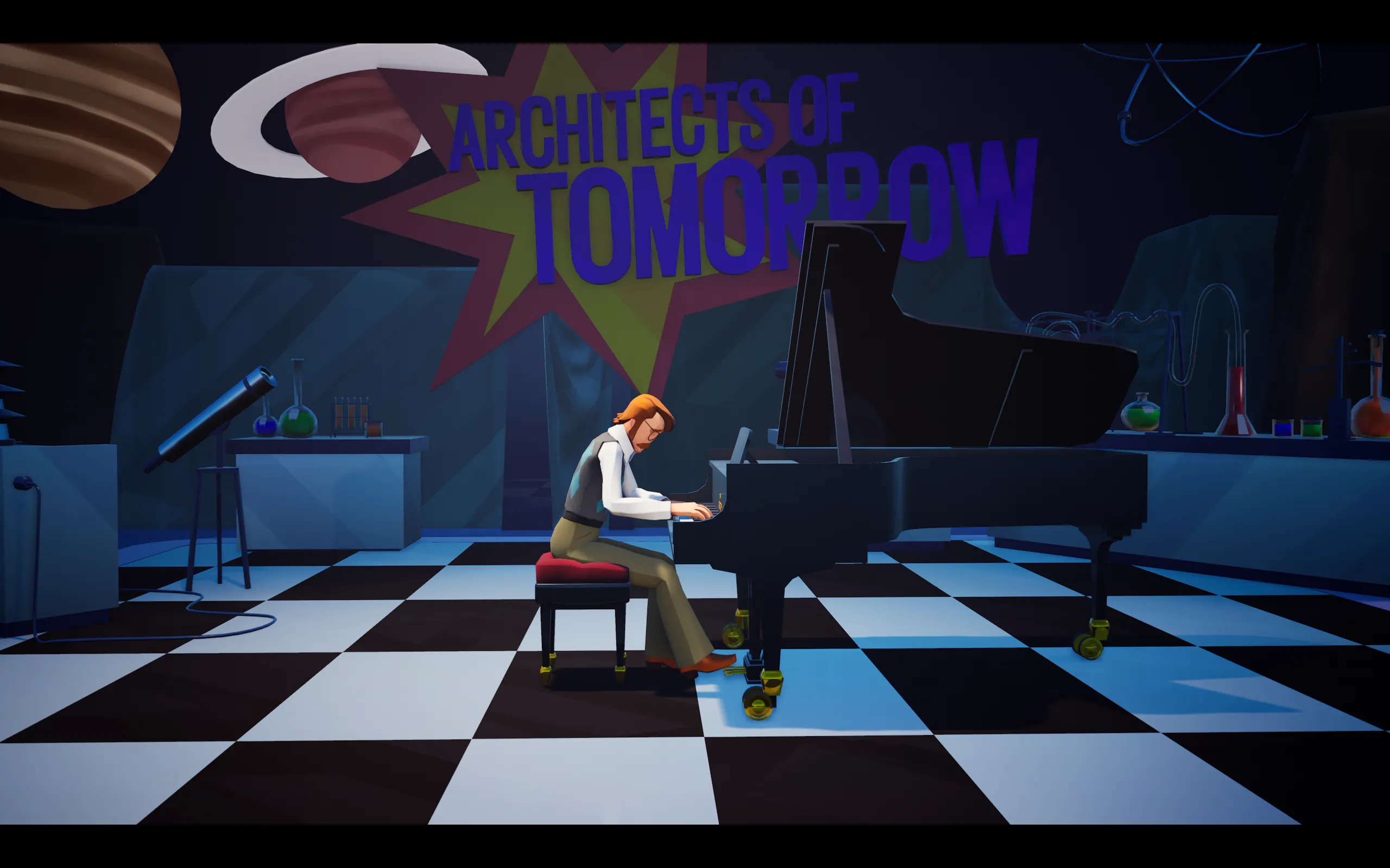 A man sits alone at a grand piano