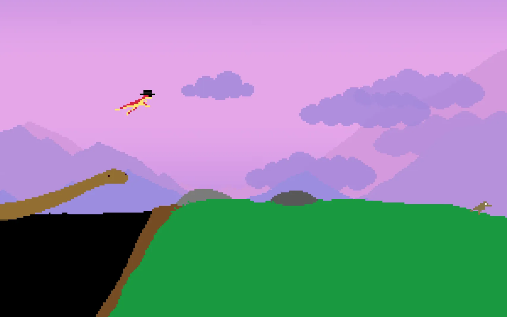 A red and yellow dinosaur leaps off the head of an apatosaurus into a pink sky